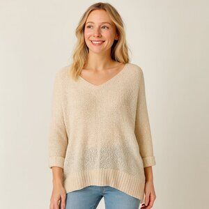 She + Sky Cream Knit Oversized Slouchy V Neck Sweater Boho Tunic Top One Size